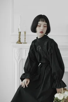 2021 új őszi-téli vintage francia fekete póló ruha hímzett puff középső ujja hossza női ruha bíróság stílusú ruha