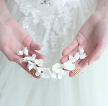 Fehér Porcelán Virág Esküvői Korona Haj Fésű Elegáns Menyasszonyi Hosszú Combs Haj Tartozékok Kézzel Készített Ékszerek