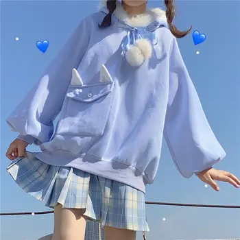 HOUZHOU Aranyos Nyuszi Füle kapucnis felső Nők Japán Preppy Stílus Aranyos Pulóver 2021 Őszi Téli Nyúl Füle E Lány Ruhák