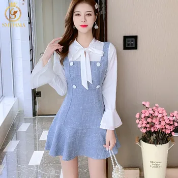 SMTHMA koreai Chiffon Flare Hosszú Ujjú Kék Gyapjú Tweed Ruha Női Fodros Női Hamis Két Darab Mini Ruha Vestidos