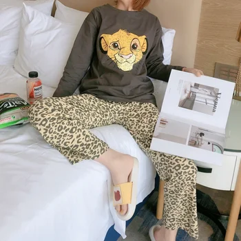 Disney Női Leopárd A Lion King Hálóruházat 2DB Póló Nadrág a Pizsama Nyomtatási Simba Hálóruha Rajzfilm Pizsama Alkalmi Homewear