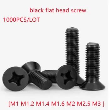 1000pcs/sok GB819 DIN965 M1 M1.2 M1.4 M1.6 M2 M2.5 M3-as KM-Fekete acél lapos fej kereszt, süllyesztett fej mechanikus csavar