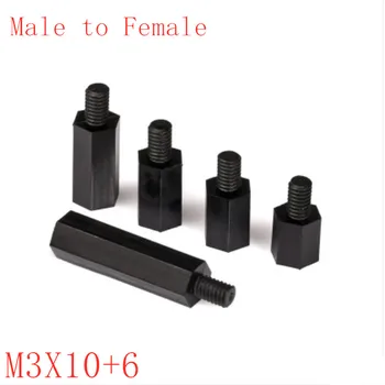 1000pcs/sok fekete Nylon patthelyzet M3*10+6 M3x10 férfi-nő nylon műanyag távtartó hosszú hatlapú