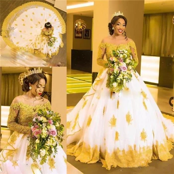 2020-Afrikai Plus Size Bíróság Vonat, Esküvői Ruha Le A Vállán Arany Appliqués Csipke Estélyi Ruha Hosszú Ujjú Esküvői Ruha