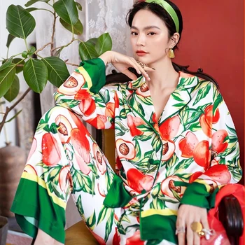 2021 Tavaszi Őszi Kapcsolja le a Gallér Trópusi Nyomtatott Selyem Szatén Pizsama Szett Hálóruházat Loungewear a Nők Pizsi Femme 2 Db