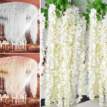 20db Gyönyörű Fehér Mesterséges Selyem lila Akác Virág Lóg Rattan Menyasszony Esküvői Virágok Koszorú Szőlő Ivy Mennyezeti Dekoráció