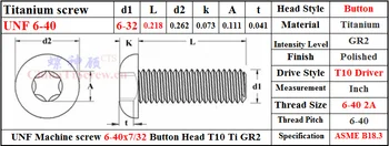 6-40 Titán csavarok 6-40x7/32 Gombot Fejét T10 Vezető Ti GR2 Polírozott