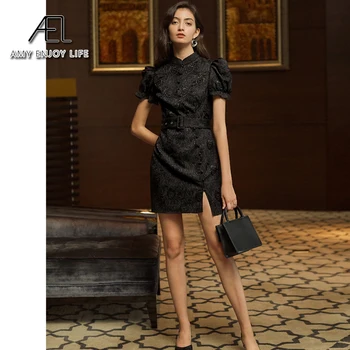 AEL 2020 divat kínai ruha, elegancia qipao ruhát osztott nők kínai stílusú mandarin gallér fekete ruha cheongsam öv
