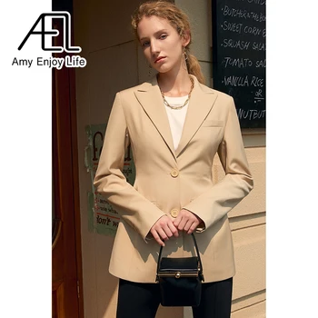 AEL Nők Őszi Blézer Elegáns Női Kosztüm Kabát Divat Karcsú Derék Office Lady Rövid Kabát Világos Khaki