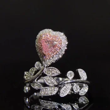 Aranyos Bling Rózsaszín Szív Kő, Ezüst Színű, Állítható Levél Gyűrű Női Divat Ékszer Esküvő, Eljegyzés, 2021 Trend