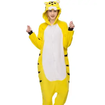 Az aranyos sárga Tigris állat Pizsama rajzfilm pijama téli meleg cosplay pijamas felnőttek flanel Partedli nők készlet fiúk Hálóruházat köntös