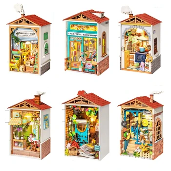 DIY Mini Városban Fa Babaház Kit Miniatűr Bútorok könyvesbolt Kert Casa Baba Házban Összegyűlt Játékokat a Lány Xmas Ajándékok