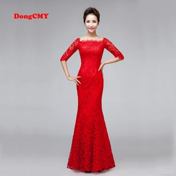 DongCMY Luxus menyasszonyi piros Szín 2021 Estélyi ruha hosszú hivatalos dekoltázs Csipke kötést közepes ujjú Női Ruha Party Ruha