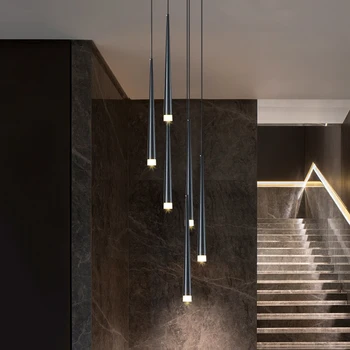 Fekete / fehér lépcső csillár modern duplex padláson magas üres nappali, étkező, hálószoba, hosszú led medál vonal lámpa