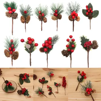 Fenyőtoboz Piros Karácsonyi Berry Holly Ágak Karácsonyi Dísz művirágok karácsonyfa Dekoráció, Otthon, Virág Dekoráció