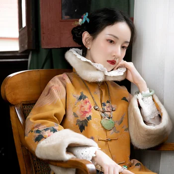 Lady Divat, Elegáns Cheongsam Maximum Hagyományos Keleti Ruházat Kínai Stílusú Vintage Nők Hanfu Retro Tang Öltöny Kabát Kabát