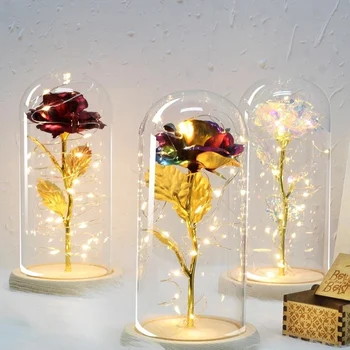 Mesterséges Arany Fólia Rózsa Virág LED fényfüzér Üveg Búra A Fa-Base A Legjobb Ajándék Lányoknak Valentin Napi Ajándékok
