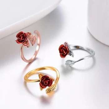 Női Gyűrű Piros Rózsa Kert, Virág Nyitva Hagyja a Gyűrűt Átméretezhető Gyűrűk Ujját A Nő Valentin Napi Ajándék Ékszer