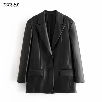 Női Kabát, Fekete PU Blazers Egy Gomb Alkalmi Női Blézer Office Lady Kabát Műbőr Kabát Őszi Téli női Kabát
