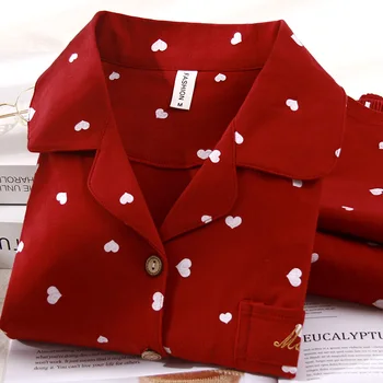 Női Pizsama Szett Téli Piros Pijamas Pour Femme 100% Pamut Pizsama Hálóruházat 2db Loungewear Szív alakú Nyomtatás Otthon Ruhák