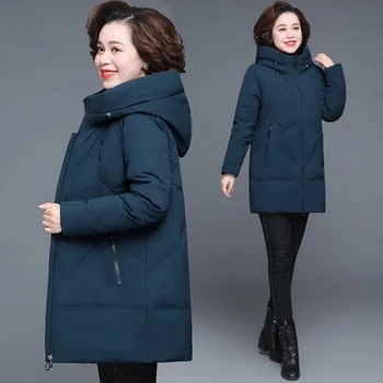 Női Téli Kabát 2021New középkorú Anya Pamut, Bélelt Kabát, Hosszú Kapucnis Télikabát Női Meleg Outwear Plus size 6XL Mujer Kabát