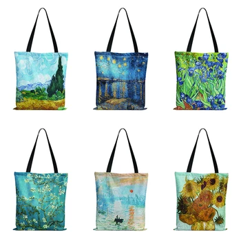 Olaj Festmény Van Gogh Csillagos Éj Shopper Táska Női Napraforgó Művészeti Nagy Ruhával Vászon Táska Eco Női Bevásárló Táska