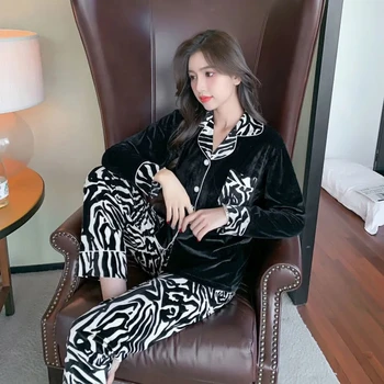 QWEEK Leopárd Bársony Pizsama Nők Zebra Téli Pijama Szexi Hálóruházat, Női Meghatározott Nő 2 Db Pizsama Loungewear Hálóruha