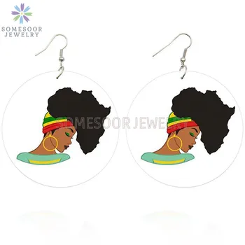 SOMESOOR Afrikai Térkép Fejkendővel Nő Kör Hurkok Fa Csepp Fülbevaló Afro Természetes Haj Design Mindkét Oldalon Nyomtatva, A Nők