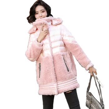 Télen báránybőr Kabát Kabát Női 2021 Új Fényes Varrás Párnázott Parka Kabát Női Kapucnis Hosszú ujjú Téli Outwear Nők