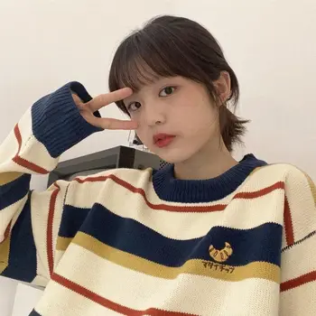Téli új pulóver női koreai színillesztés preppy túlméretes csíkos pulóver, női kawaii közepes hosszúságú, kötött pulóver kabát