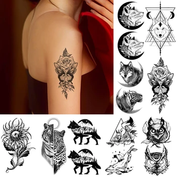 Vízálló Ideiglenes Tetoválás Matrica Farkas Hold Tigris Nagy Állat, Virág, Fekete Flash Tetoválás Hamis Tatto Body Art, a Nők, Férfiak