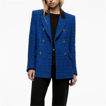Za 2022 új női divat temperamentum műbőr dupla soros varrott textúra kék öltöny kabát