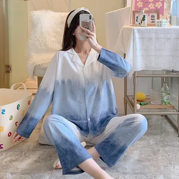 Őszi Meleg Eladni Fésült Pamut Hölgy Pizsama Egyszerű Szabadidős Gradiens Színes Hálóruházat Női Hosszú Ujjú Nadrág Kényelmes Homewear